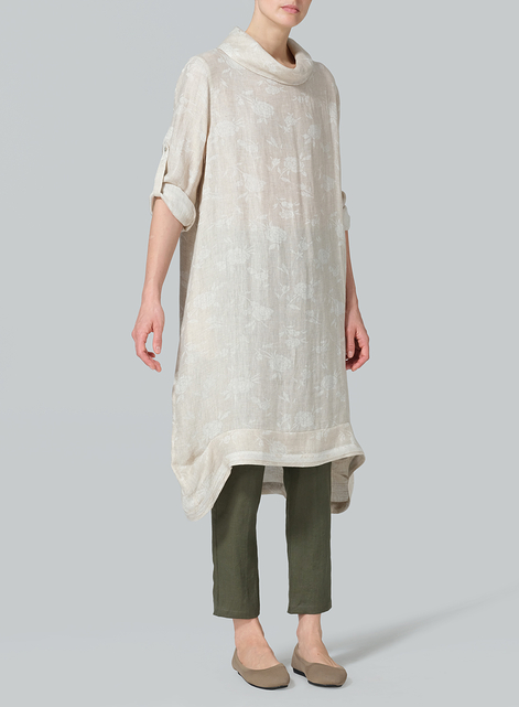 Linen Rolled Sleeve Cowl Neck Long Tunic