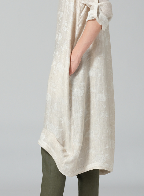 Linen Rolled Sleeve Cowl Neck Long Tunic