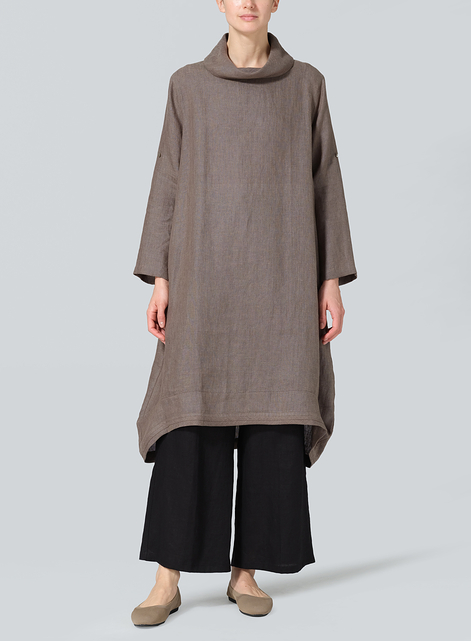 Linen Rolled Sleeve Cowl Neck Long Tunic