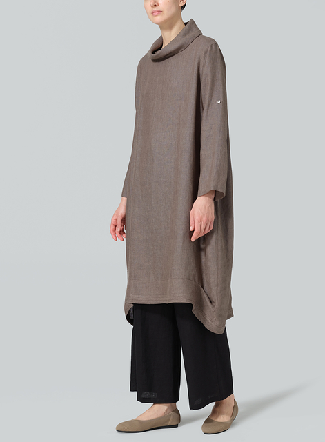 Linen Rolled Sleeve Cowl Neck Long Tunic