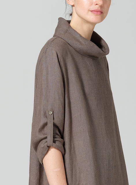 Linen Rolled Sleeve Cowl Neck Long Tunic