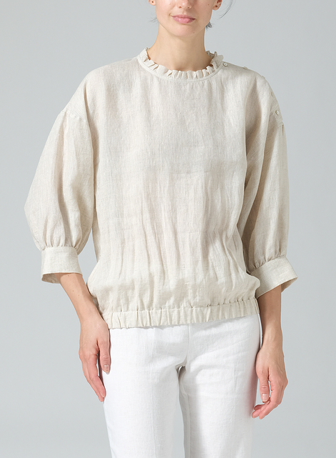 Linen Ruffle Collar Relaxed Fit Blouse