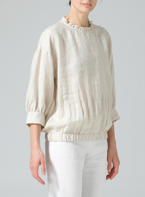 Linen Ruffle Collar Relaxed Fit Blouse