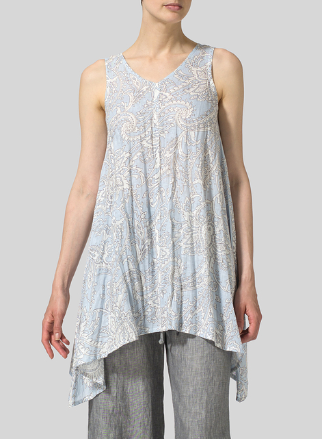 Linen Printed Sleeveless V-Neck A-shape Top