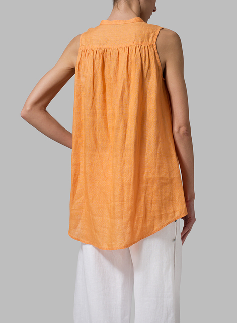 Linen Mandarin Collar A-Line Sleeveless Shirt