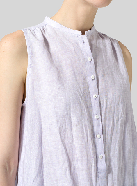 Linen Mandarin Collar A-Line Sleeveless Shirt