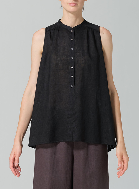 Linen Mandarin Collar A-Line Sleeveless Shirt