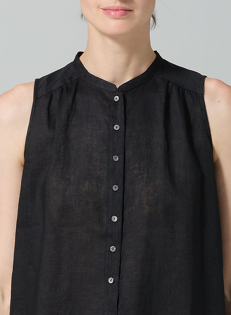 Linen Mandarin Collar A-Line Sleeveless Shirt