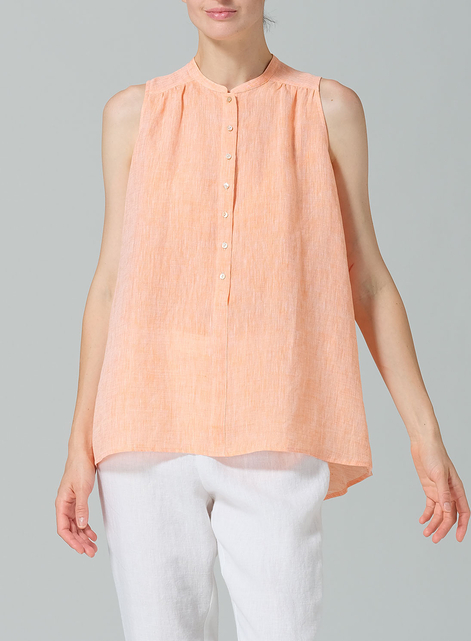 Linen Mandarin Collar A-Line Sleeveless Shirt