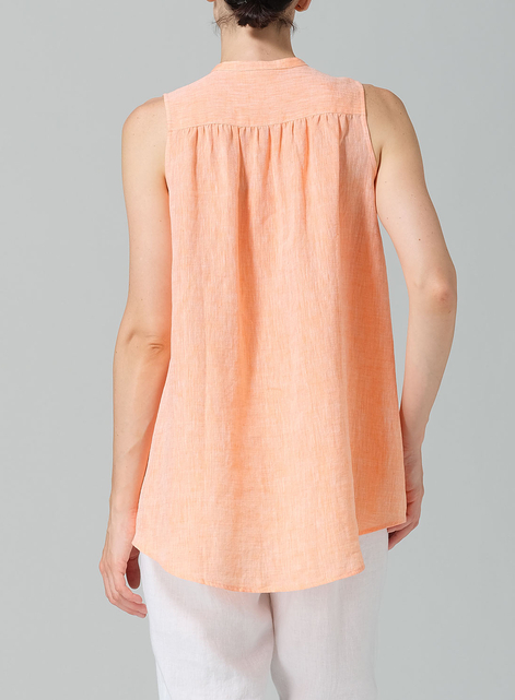 Linen Mandarin Collar A-Line Sleeveless Shirt