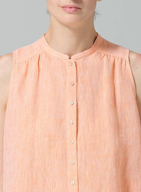 Linen Mandarin Collar A-Line Sleeveless Shirt