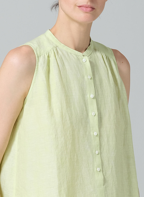 Linen Mandarin Collar A-Line Sleeveless Shirt