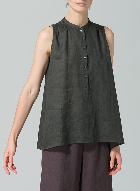 Linen Mandarin Collar A-Line Sleeveless Shirt