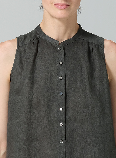 Linen Mandarin Collar A-Line Sleeveless Shirt