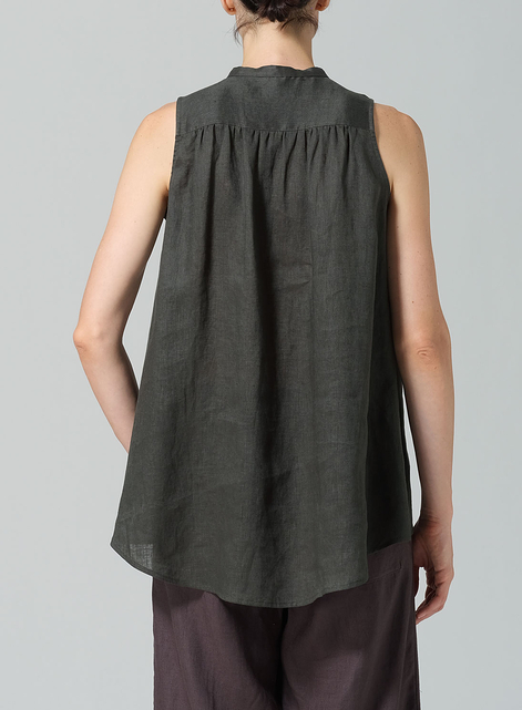 Linen Mandarin Collar A-Line Sleeveless Shirt