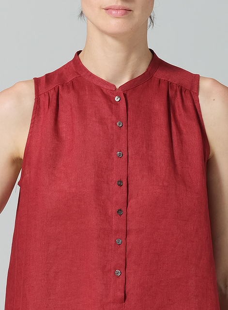 Linen Mandarin Collar A-Line Sleeveless Shirt