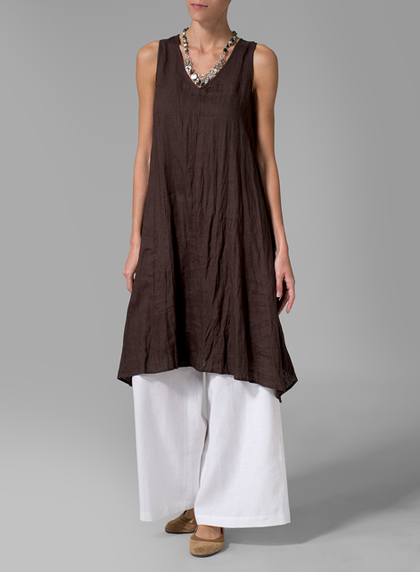 Linen Sleeveless Crumple Effect Long Blouse