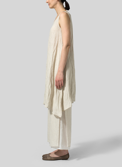 Linen Sleeveless Crumple Effect Long Blouse