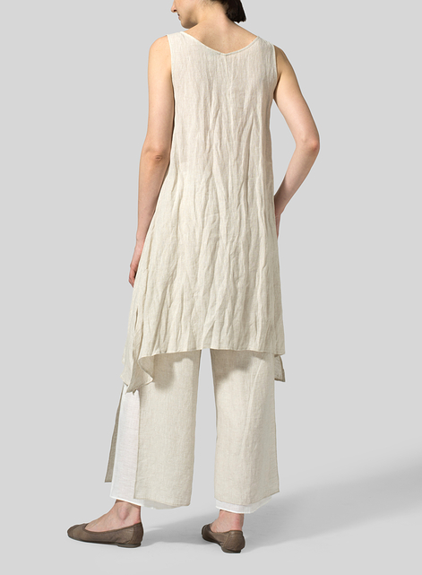 Linen Sleeveless Crumple Effect Long Blouse