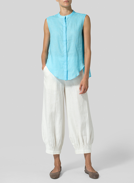 Linen A-line Sleeveless Top with Mandarin Collar