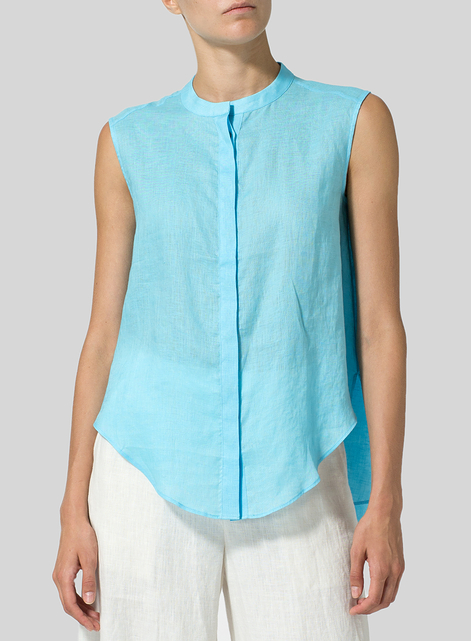 Linen A-line Sleeveless Top with Mandarin Collar