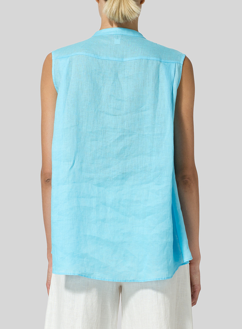 Linen A-line Sleeveless Top with Mandarin Collar