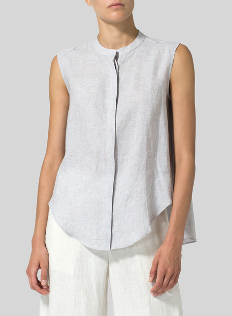 Linen A-line Sleeveless Top with Mandarin Collar