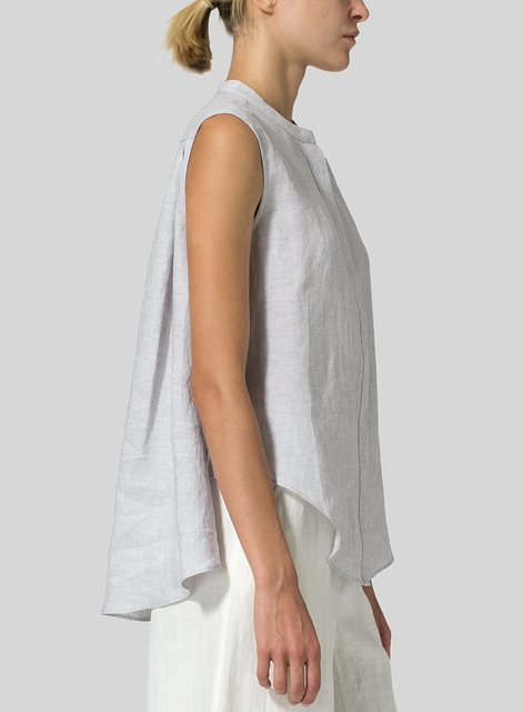 Linen A-line Sleeveless Top with Mandarin Collar