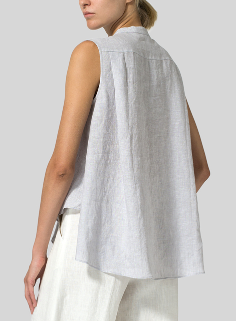 Linen A-line Sleeveless Top with Mandarin Collar