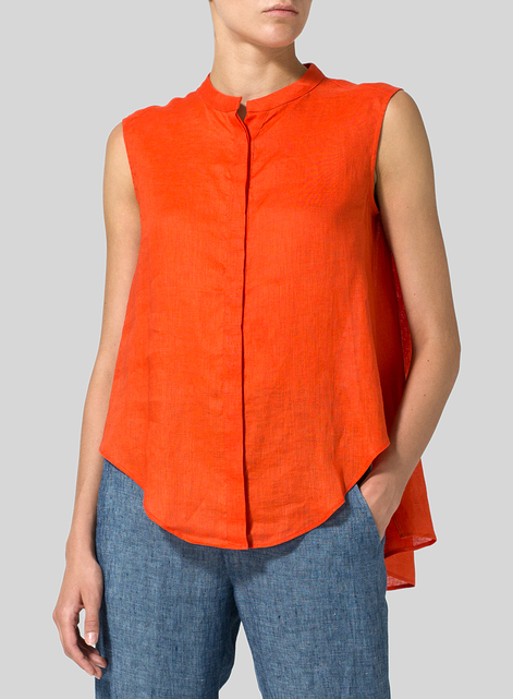 Linen A-line Sleeveless Top with Mandarin Collar