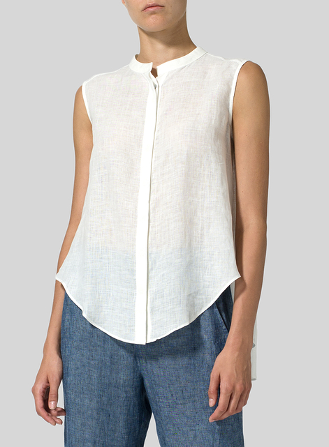 Linen A-line Sleeveless Top with Mandarin Collar