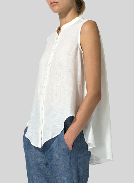 Linen A-line Sleeveless Top with Mandarin Collar