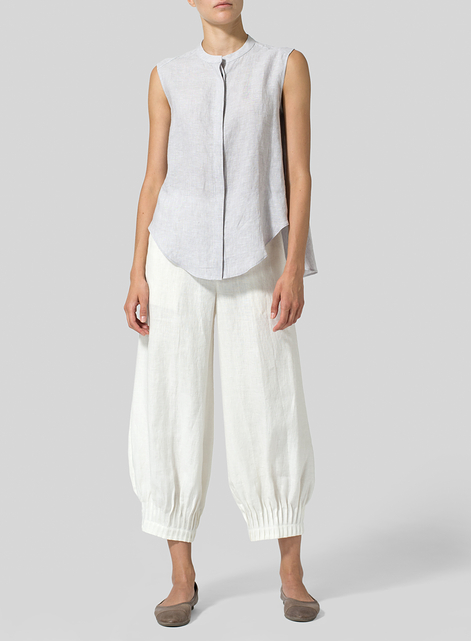 Linen A-line Sleeveless Top with Mandarin Collar