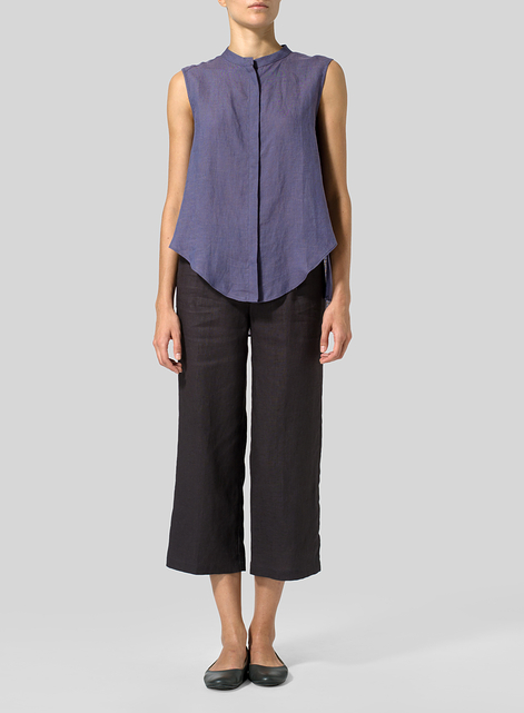 Linen A-line Sleeveless Top with Mandarin Collar