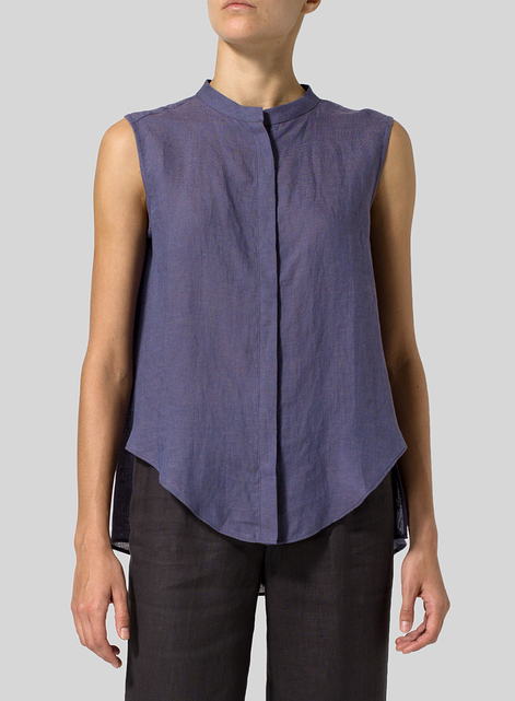 Linen A-line Sleeveless Top with Mandarin Collar