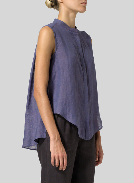 Linen A-line Sleeveless Top with Mandarin Collar