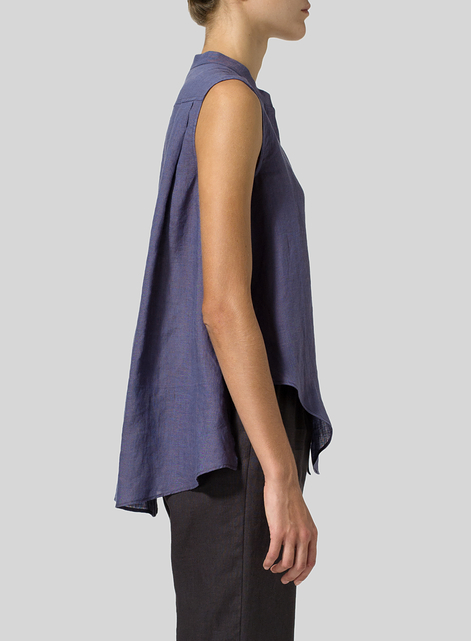 Linen A-line Sleeveless Top with Mandarin Collar