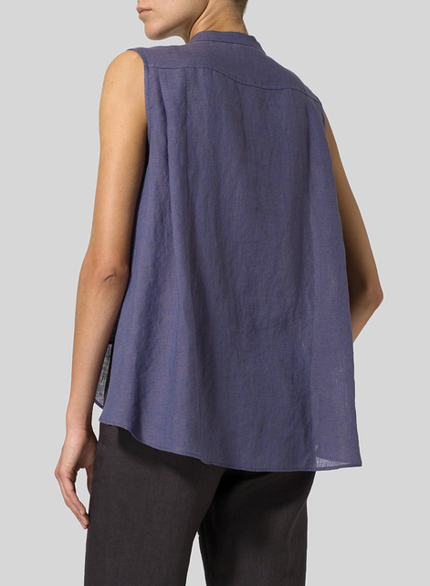 Linen A-line Sleeveless Top with Mandarin Collar