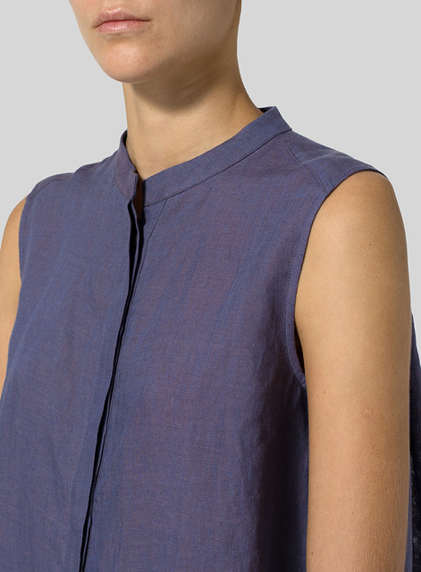 Linen A-line Sleeveless Top with Mandarin Collar