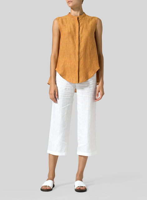 Linen A-line Sleeveless Top with Mandarin Collar