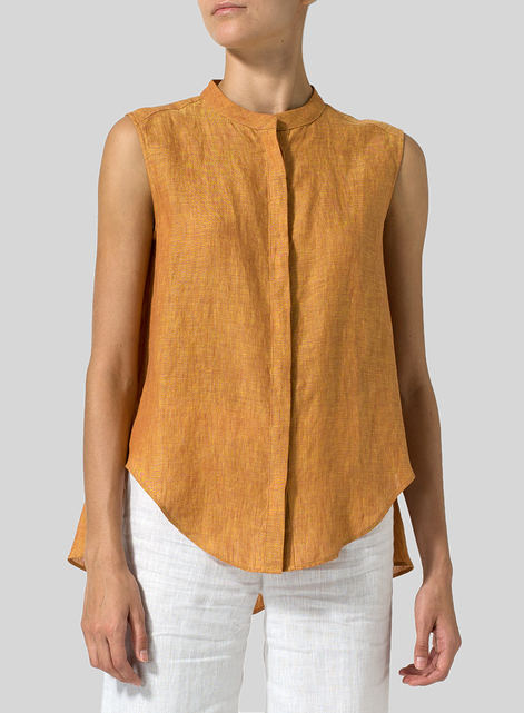 Linen A-line Sleeveless Top with Mandarin Collar