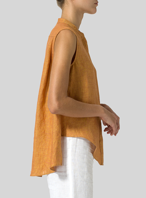 Linen A-line Sleeveless Top with Mandarin Collar