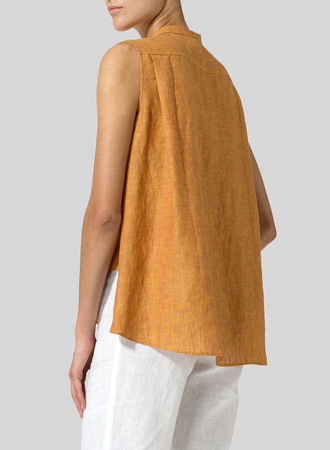 Linen A-line Sleeveless Top with Mandarin Collar