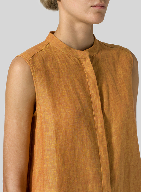 Linen A-line Sleeveless Top with Mandarin Collar