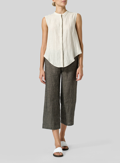 Linen A-line Sleeveless Top with Mandarin Collar