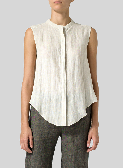 Linen A-line Sleeveless Top with Mandarin Collar