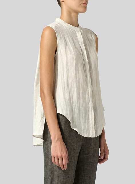 Linen A-line Sleeveless Top with Mandarin Collar