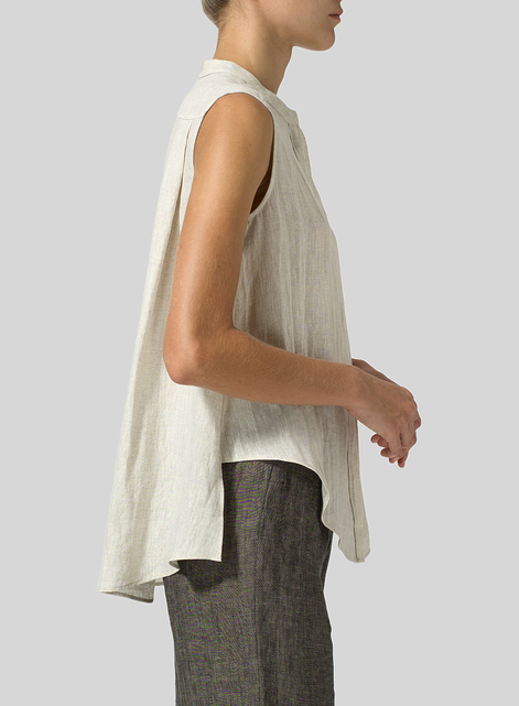 Linen A-line Sleeveless Top with Mandarin Collar