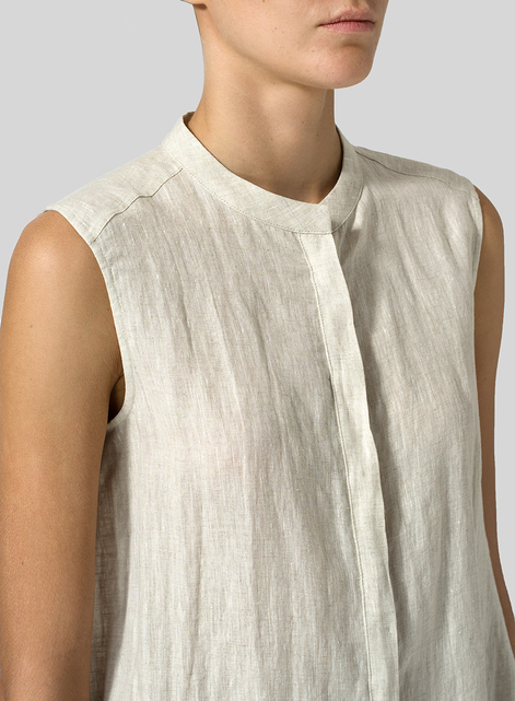 Linen A-line Sleeveless Top with Mandarin Collar