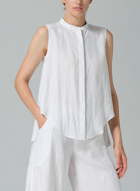 Linen A-line Sleeveless Top with Mandarin Collar